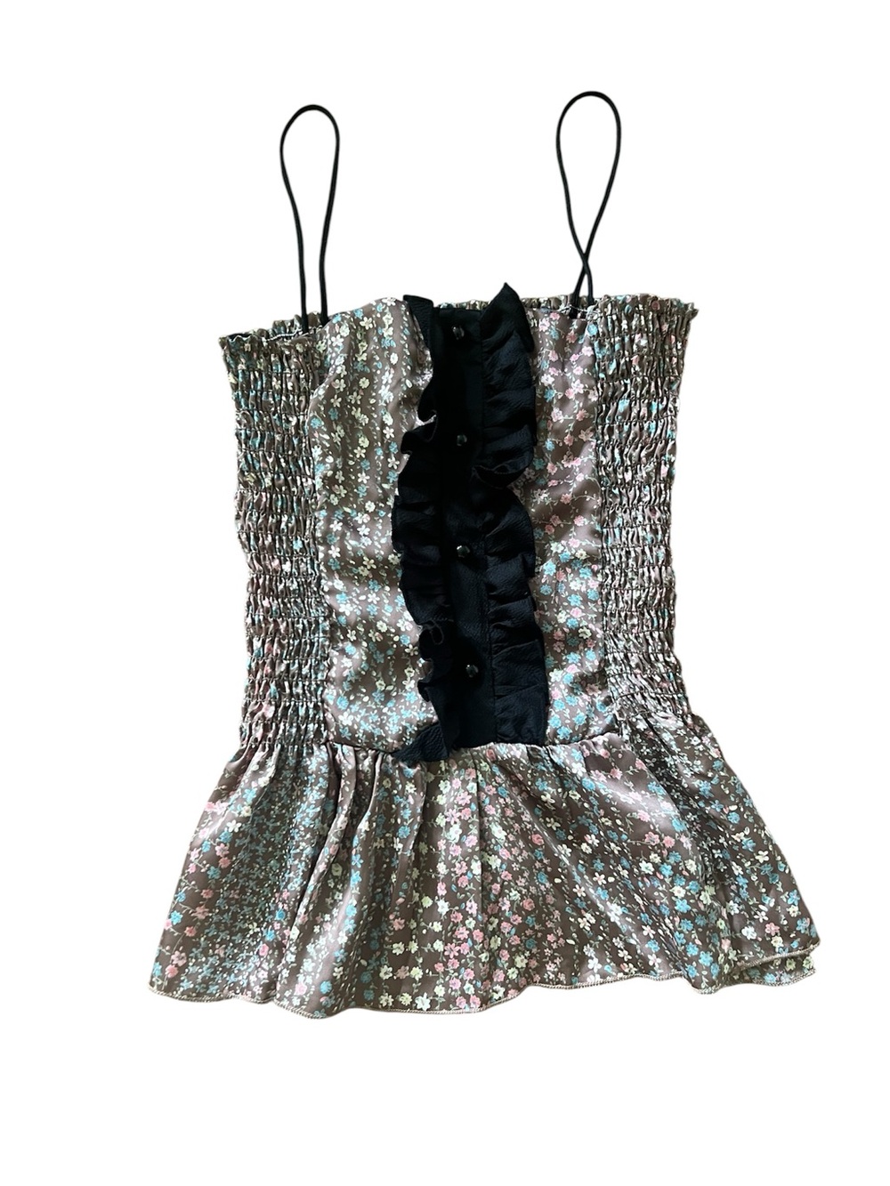 Smocked Floral Ruffle Cami Top - Black/Brown